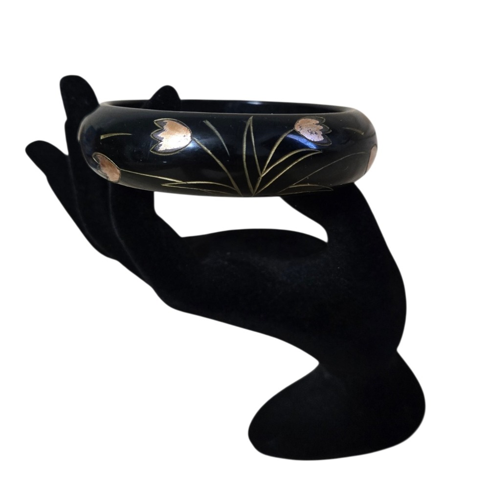 Carved Painted Flowers Black Bakelite Bangle Bracelet France signed Vtg Art Deco